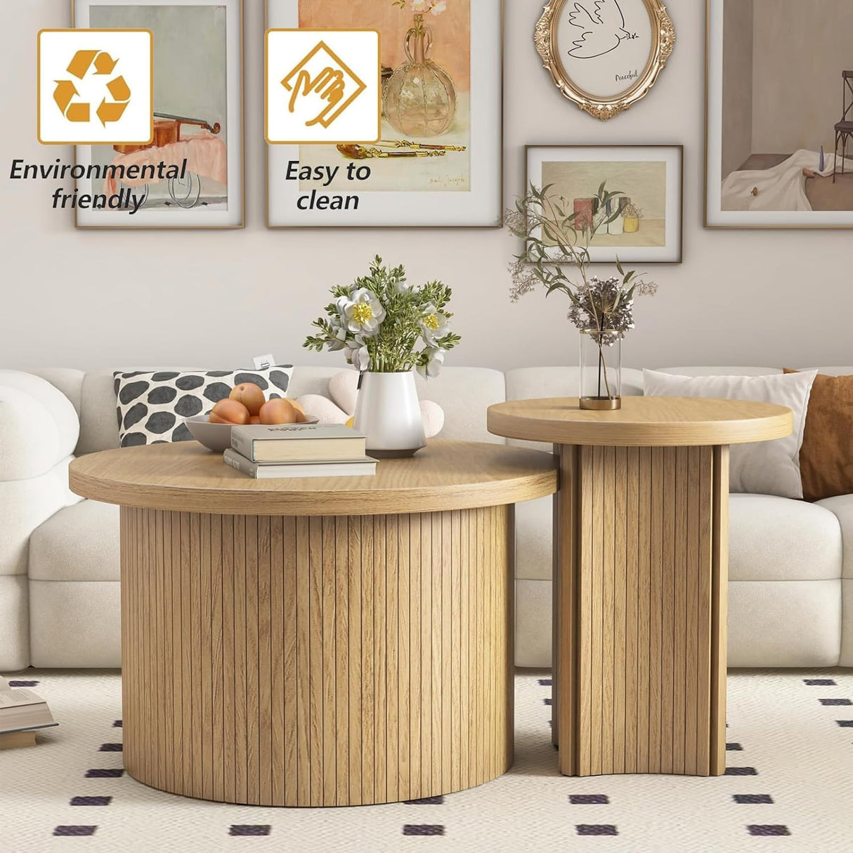 Set of 2 Nesting Coffee Tables Farmhouse,Round Coffee Tables Living Room,Wood Finish Coffee Table Set,Small Coffee Table,Sofa Side Living Room Bedroom Coffee Table Side Table (Large Size - Set) Mxtxmy