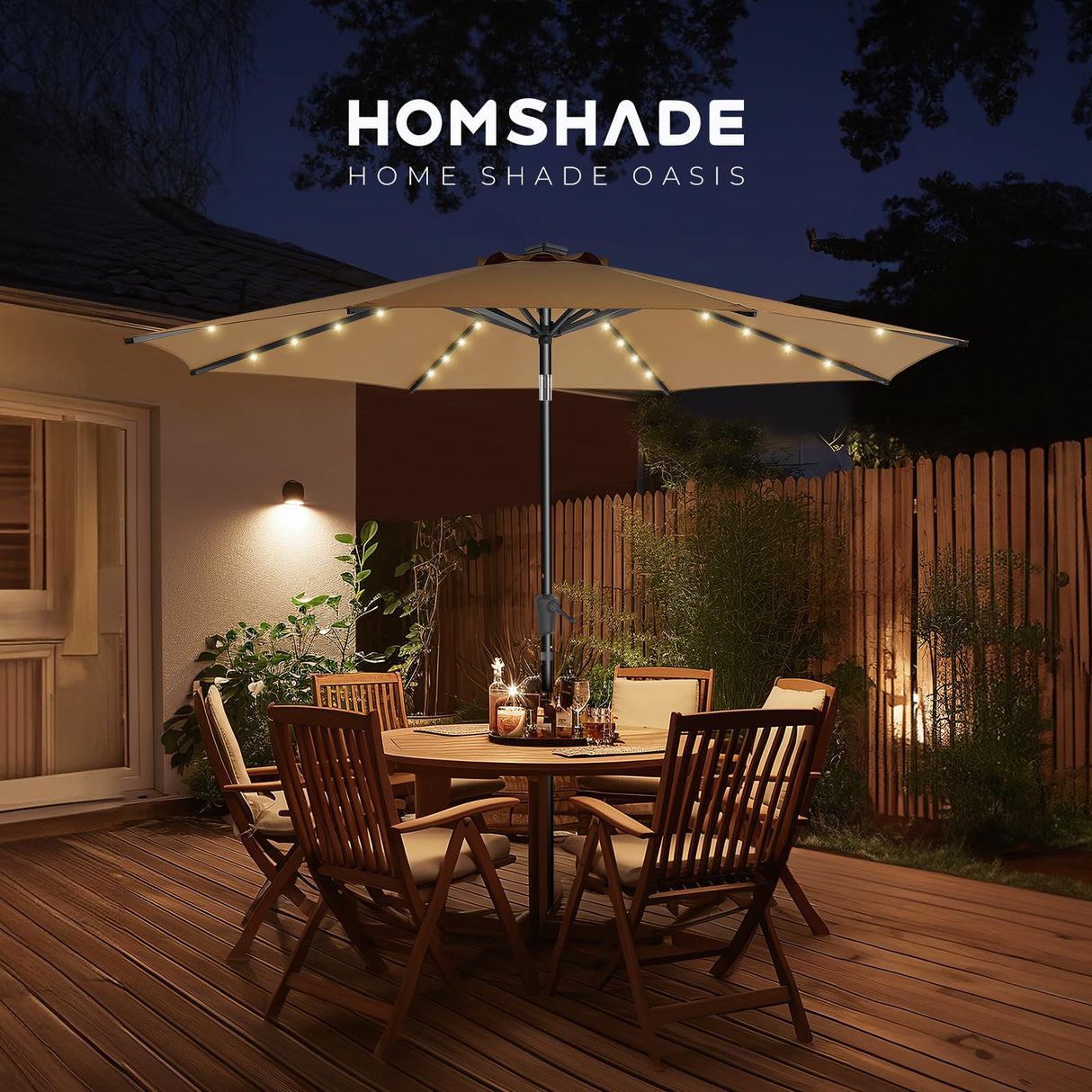HOMSHADE 10ft Solar Patio Umbrella - Solar Lights LED Lighted Outdoor Market Table Umbrella, UPF50+ UV Protection with Push Button Tilt, Crank for Pool Deck and Garden (Beige) HOMSHADE