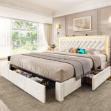 BTHFST Upholstered LED Bed Frame King Size with 3 Storage Drawers, Hidden Storage Headboard with Charging Station, Velvet Button Tufted Headboard Platform Bed, Beige BTHFST