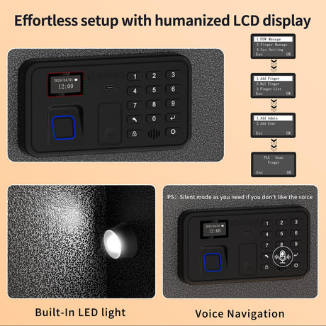 Billconch Smart Gun Safe for Multiple Pistols - Automatic Lock Safe Box with LCD Display/Voice Guide, Quick Access Unlock with Fingerprint/Keypad/Key/App, Biometric Handgun Safe for Money Valuables BILLCONCH