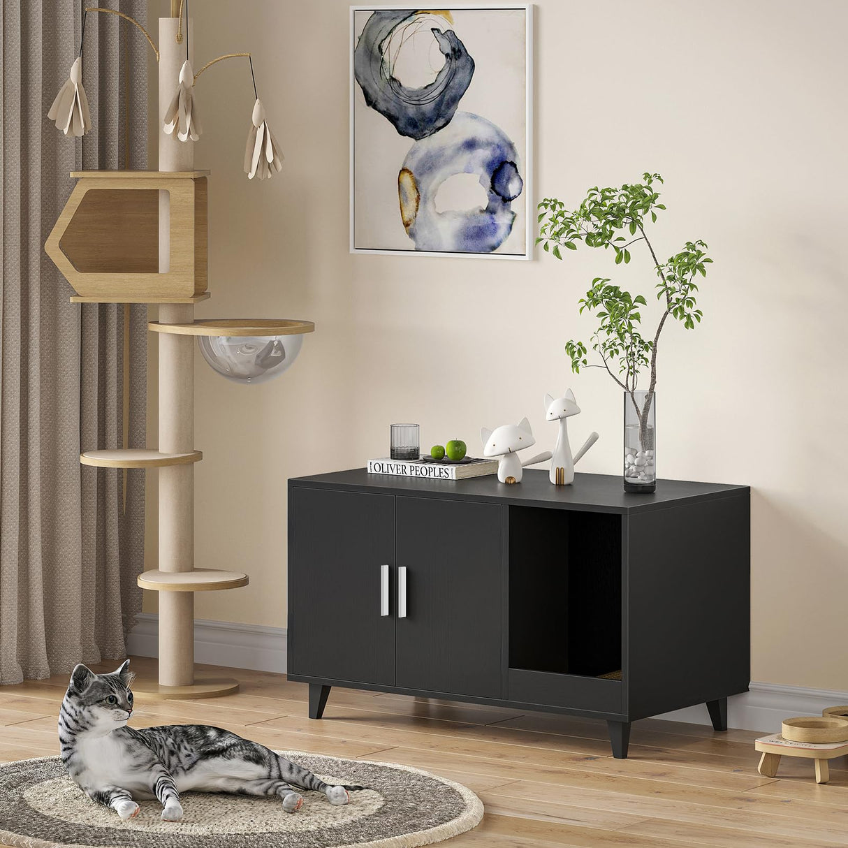 STARY Hidden Cat Litter Box Enclosure Furniture with Scratching Mat, Black STARY