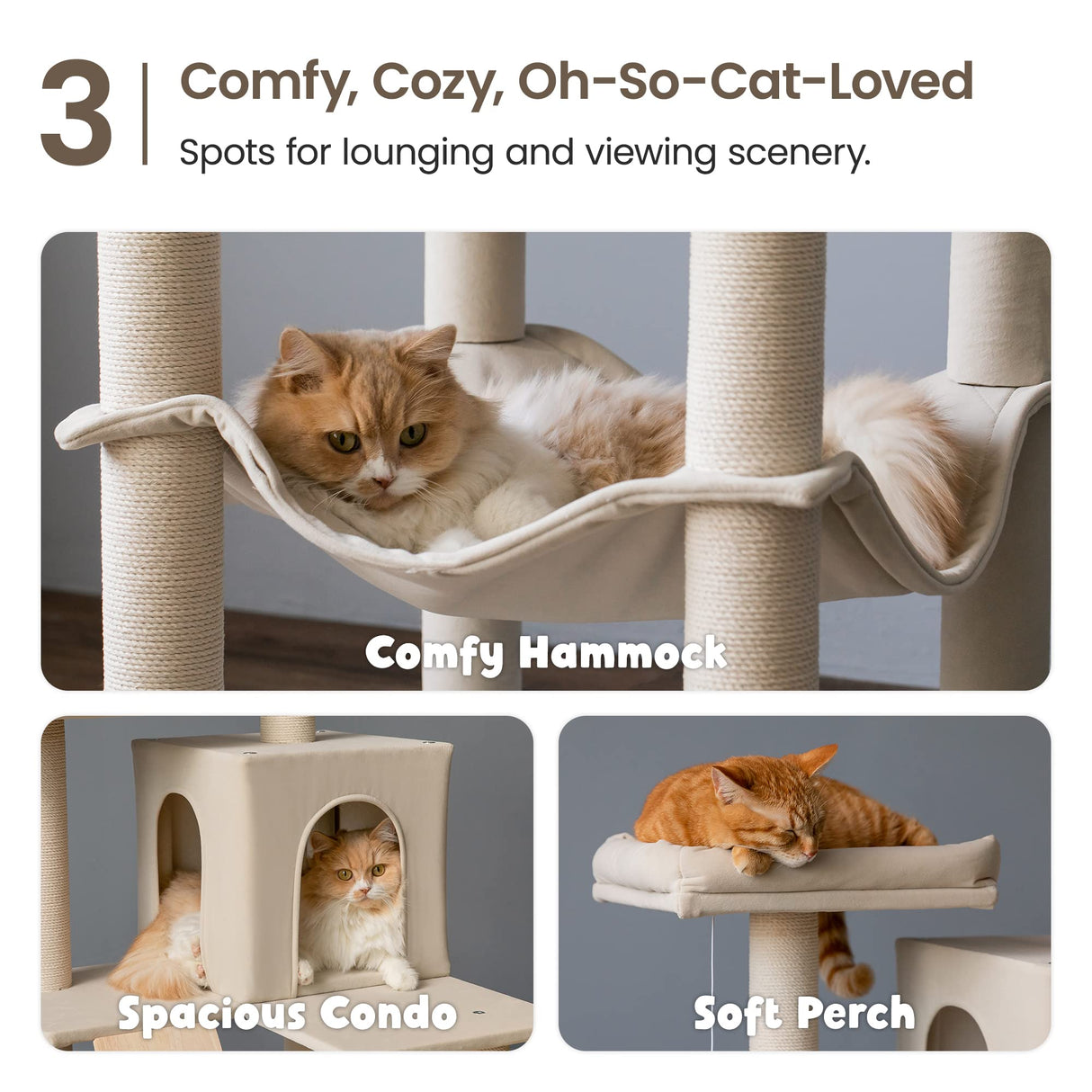 MWPO Large Modern Cat Tree, 70.1-Inch Wood Cat Tower for Indoor Cats, Multi-Level Tall Cat Condo with 2 Padded Perches, Hammock, Scratching Posts, Dangling Toys, Beige MWPO