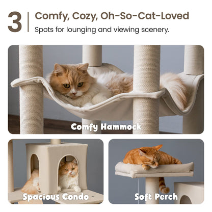 MWPO Large Modern Cat Tree, 70.1-Inch Wood Cat Tower for Indoor Cats, Multi-Level Tall Cat Condo with 2 Padded Perches, Hammock, Scratching Posts, Dangling Toys, Beige - WoodArtSupply