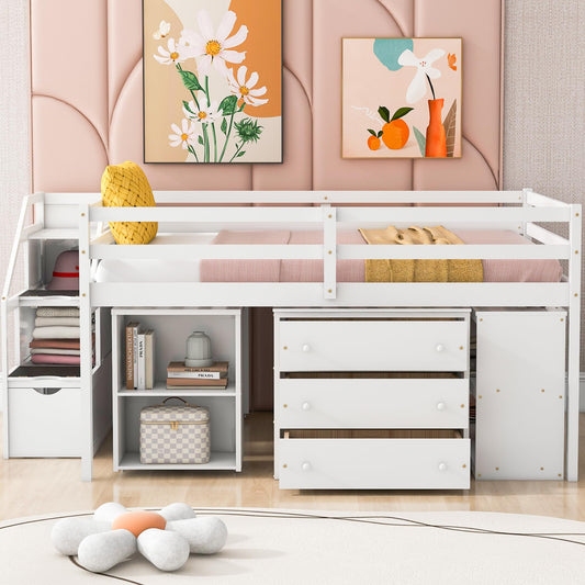 Full Size Low Loft Bed with Storage and Rolling Desk by Harper & Bright Designs - WoodArtSupply