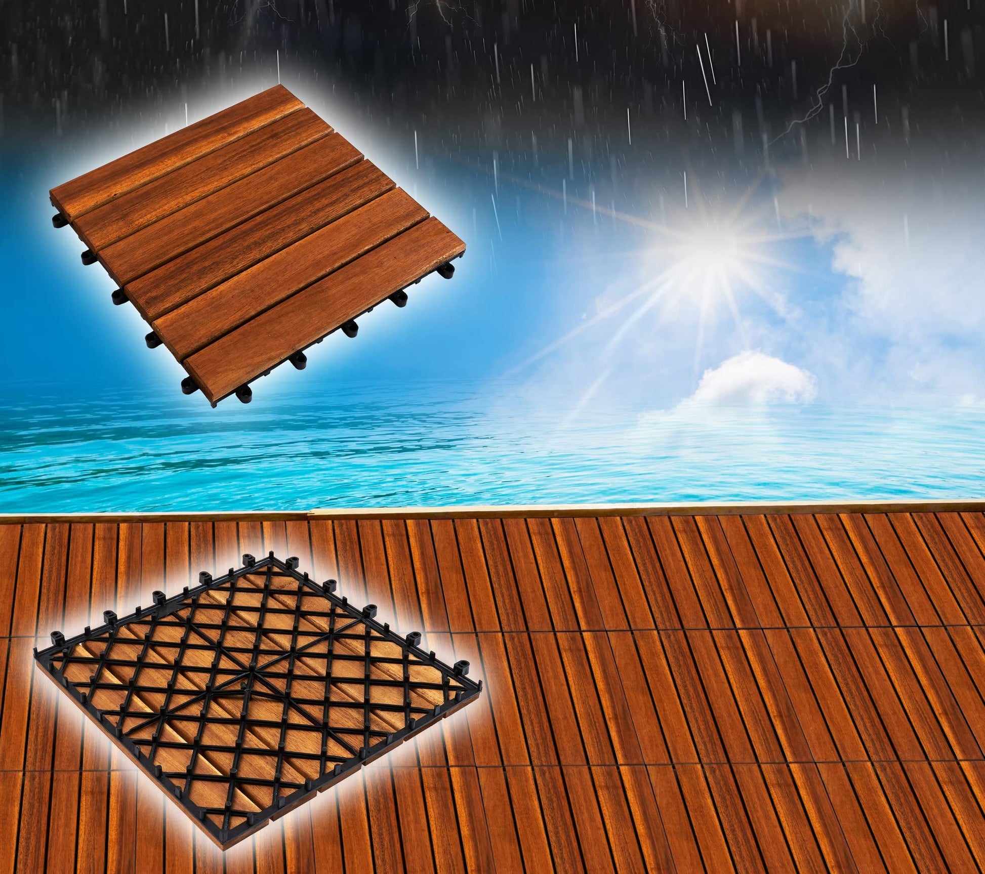 YAMAZING 12”x12” Solid Wood Interlocking Flooring Tiles (Pack of 9), Acacia Hardwood Deck Tiles,Floor Tiles for Both Indoor & Outdoor Use, Waterproof All Weather, 6 Slat (9 Sq Ft)) - WoodArtSupply