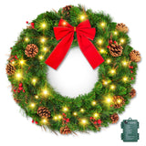 Brightown 24 Inch Pre-Lit Christmas Wreaths for Front Door, IP44 Battery Operated 50 LED Christmas Wreath, Decor with Pinecones Pine Needles Branches Red Berry Mini Bow for Front Door Wall Window Brightown