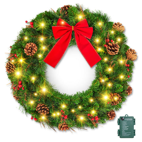 Brightown 24 Inch Pre-Lit Christmas Wreaths for Front Door, IP44 Battery Operated 50 LED Christmas Wreath, Decor with Pinecones Pine Needles Branches Red Berry Mini Bow for Front Door Wall Window Brightown