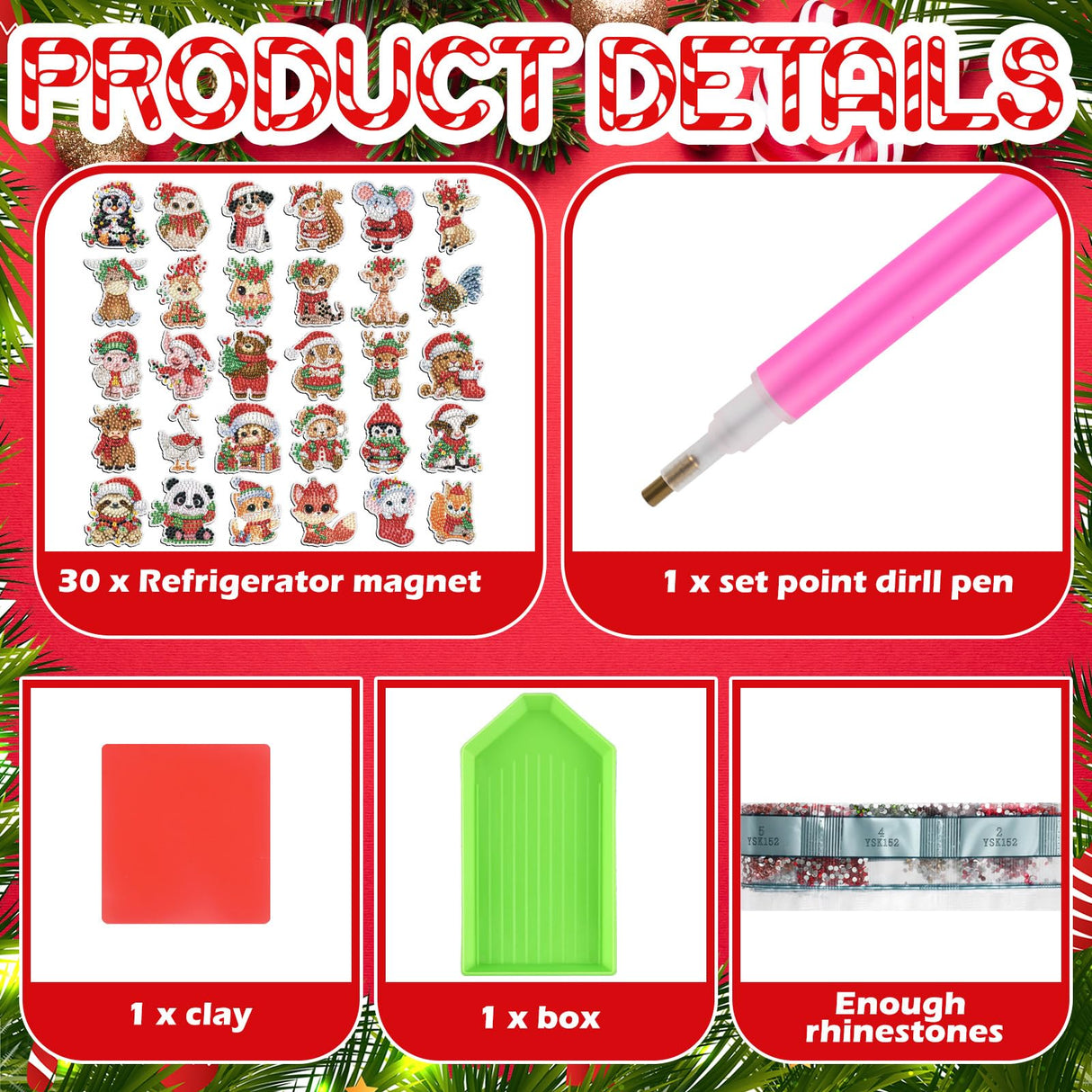 Xuhal 30 Pcs Christmas Diamond Painting Magnets Christmas Animal Diamond Art Magnet Kits for Adults Cute 5D Rhinestone Xmas Santa Hats Animal Refrigerator Magnetic Sticker for DIY Craft Fridge Gifts Xuhal