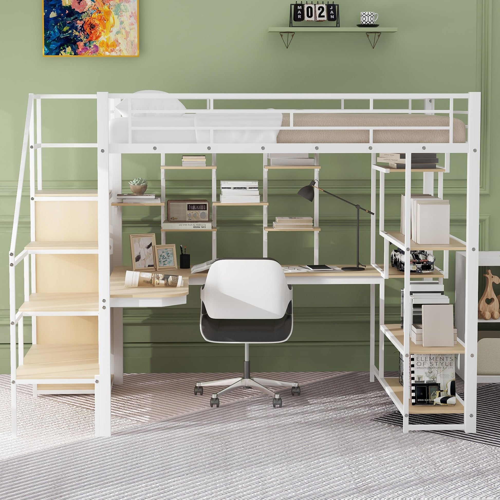 RuiSiSi Multifunctional Full Metal Loft Bed with Integrated Desk, Wardrobe, and Shelves in White - WoodArtSupply