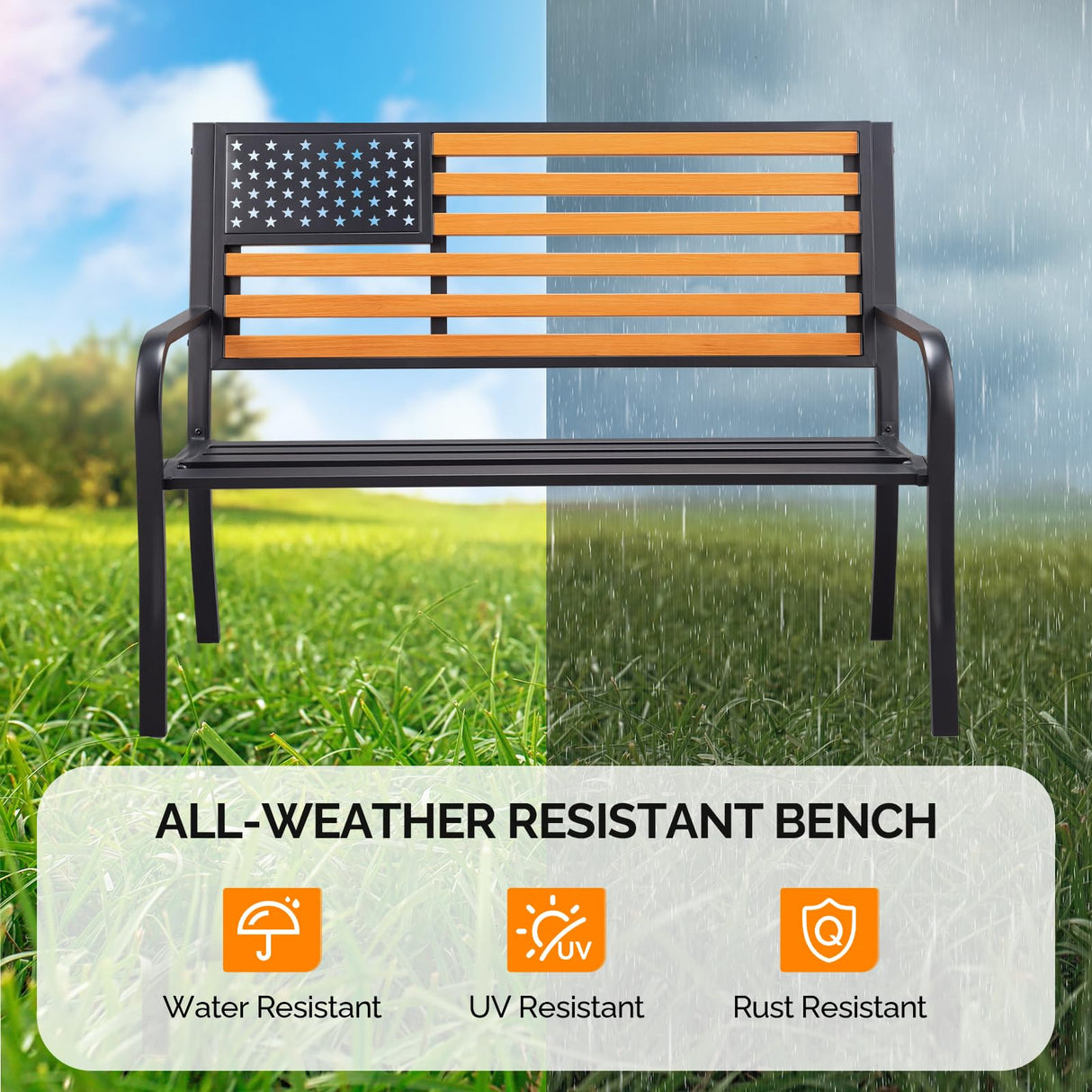 VINGLI Outdoor Metal Bench, 50in Weatherproof Garden Bench w/American Flag Style, 2-Person Sturdy Steel Patio Bench for Front Porch Yard Park VINGLI