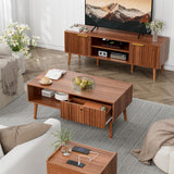 LCRBOL Fluted Coffee Table with Storage, Mid Century Dining Table with Drawer and Solid Wood Legs, Small Coffee Tables for Living Room, Walnut LCRBOL