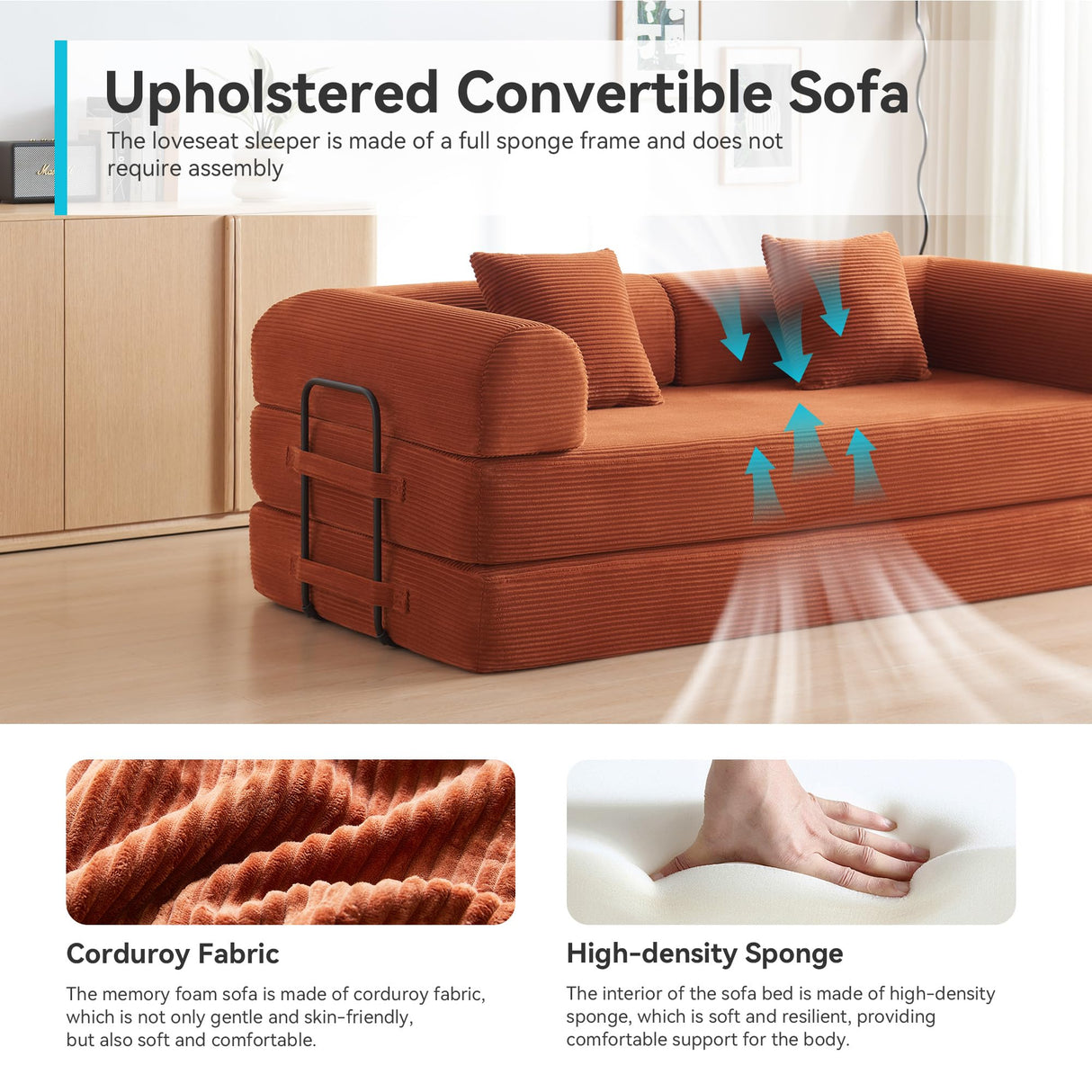 QQR Convertible Sleeper Sofa Bed with Cylindrical Pillow, Modern Corduroy Futon Bed, Modular Sofa with Pull-Out Bed, Love Seat Sleeper for Living Room, Small Space Apartment, Office (Orange) QQR