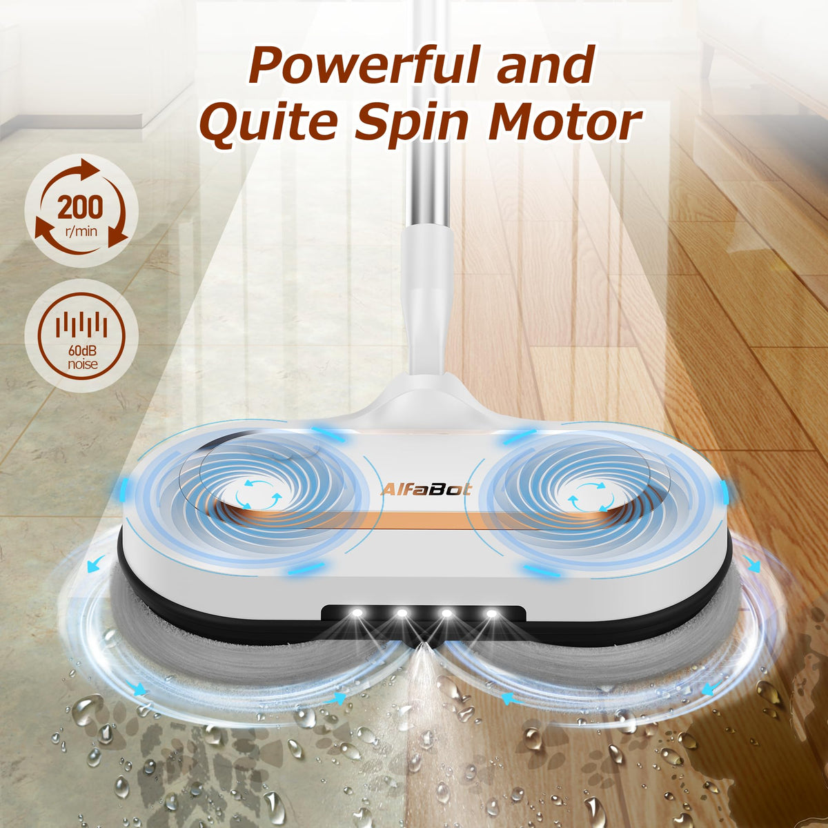 Electric Mop, AlfaBot S2 Cordless Spin Mop for Floor Cleaning, with LED Headlight and Sprayer/400ML Big Tank/60 Mins Runtime, Lightweight Floor Scrubber for Hardwood Floors, Tile, Laminate AlfaBot