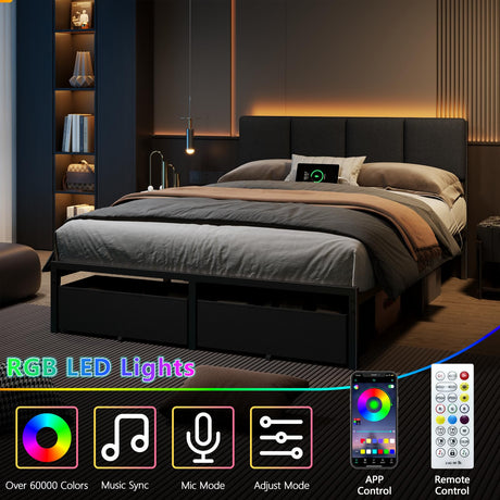 Furnulem Full Size Bed Frame with Headboard,Upholstered Bed Full with LED Light,USB Charging Station,Platform Bedframe with 2 Fabric Underbed Storage Drawers,No Spring Box Needed Furnulem
