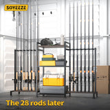 SOYEEZE Fishing Rod Holder for 28 Rods, Ground Stand Fishing Pole Holders for Garage, 3-Sided Vertical Fish Rod Rack for Tackle Box, Fishing Supplies,a Display Fish Gear Storage Gift for Man SOYEEZE