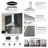 COSMO COS-63190 36 in. Vista Collection 380 CFM Ducted Wall Mount Range Hood, Button Controls, LED Lights, Stainless Steel COSMO