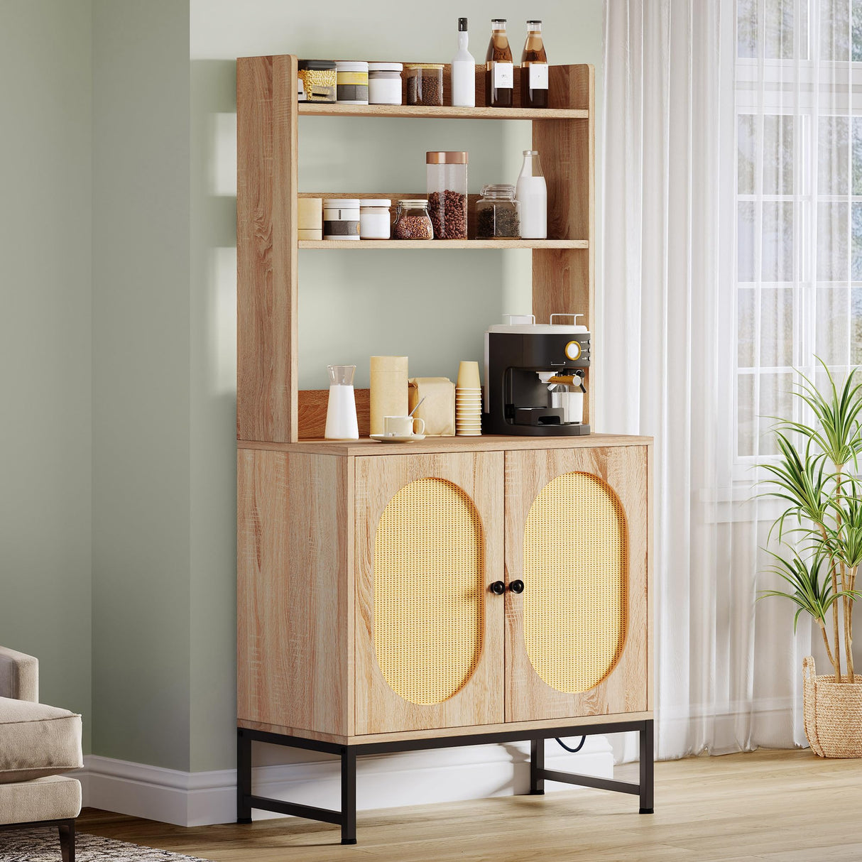 YITAHOME Bakers Rack with Storage and Power Outlet, 5 Tiers Woven Rattan Kitchen Microwave Stand Cabinet, Farmhouse Coffee Bar Station with Hutch Shelves, Oak YITAHOME