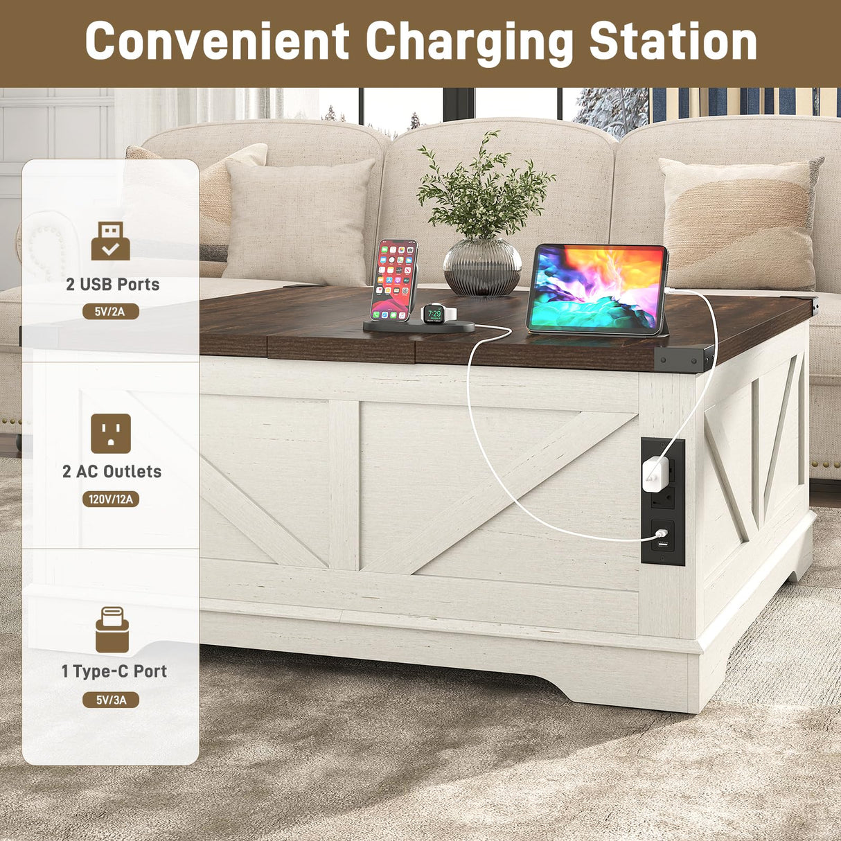 Hlivelood 40” Large Farmhouse Lift Top Coffee Table with Power Outlets and Large Hidden Storage, Square Wood Living Room Tables, Multi-Function Lift Wooden Barn Door Center Table, Rustic White Hlivelood