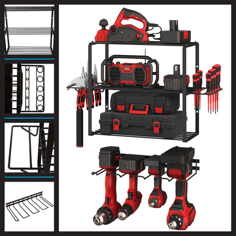 Power Tool Organizer - 4-Tier Garage Shelving Unit with 140lb Max Capacity - Wall Mount Garage Storage System for Tools by Stalwart Stalwart