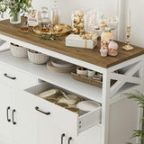 HOSTACK 47" Modern Farmhouse Sideboard Buffet Cabinet, Wood Buffet Storage Cabinet with Drawers & Shelves, Large Coffee Bar Cabinet with Storage, Microwave Stand for Kitchen, Dining Room, White Brown HOSTACK