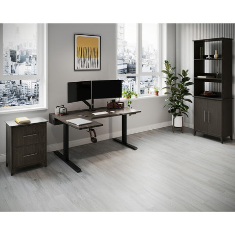 Realspace® Koru Electric 59" W L-Shaped Height-Adjustable Standing Desk with Integrated Power & Charging, Espresso Oak Realspace