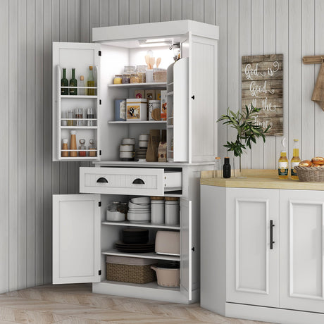 HOMCOM 71" Kitchen Pantry Cabinet with Motion Sensor Light, Tall Storage Cabinet with 6 Door Shelves, a Drawer & 4 Adjustable Shelves, for Living Room, Dining Room, White HOMCOM