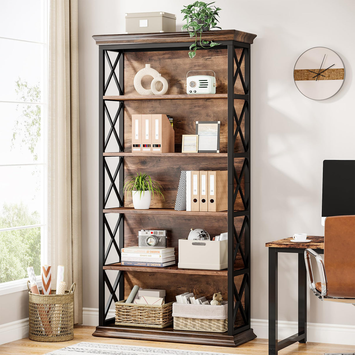 Tribesigns 6-Tier Industrial Bookshelf – 71 Inch Tall Bookcase with X Pattern Accents in Brown and Black Tribesigns