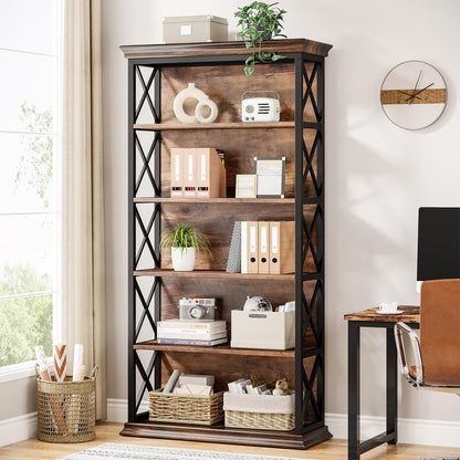 Tribesigns 6-Tier Industrial Bookshelf – 71 Inch Tall Bookcase with X Pattern Accents in Brown and Black - WoodArtSupply