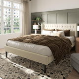 King Size Bed Frame, Upholstered Platform Bed with Wingback Headboard, Velvet Button Tufted, Easy Assembly, No Box Spring Needed, Beige HAOARA