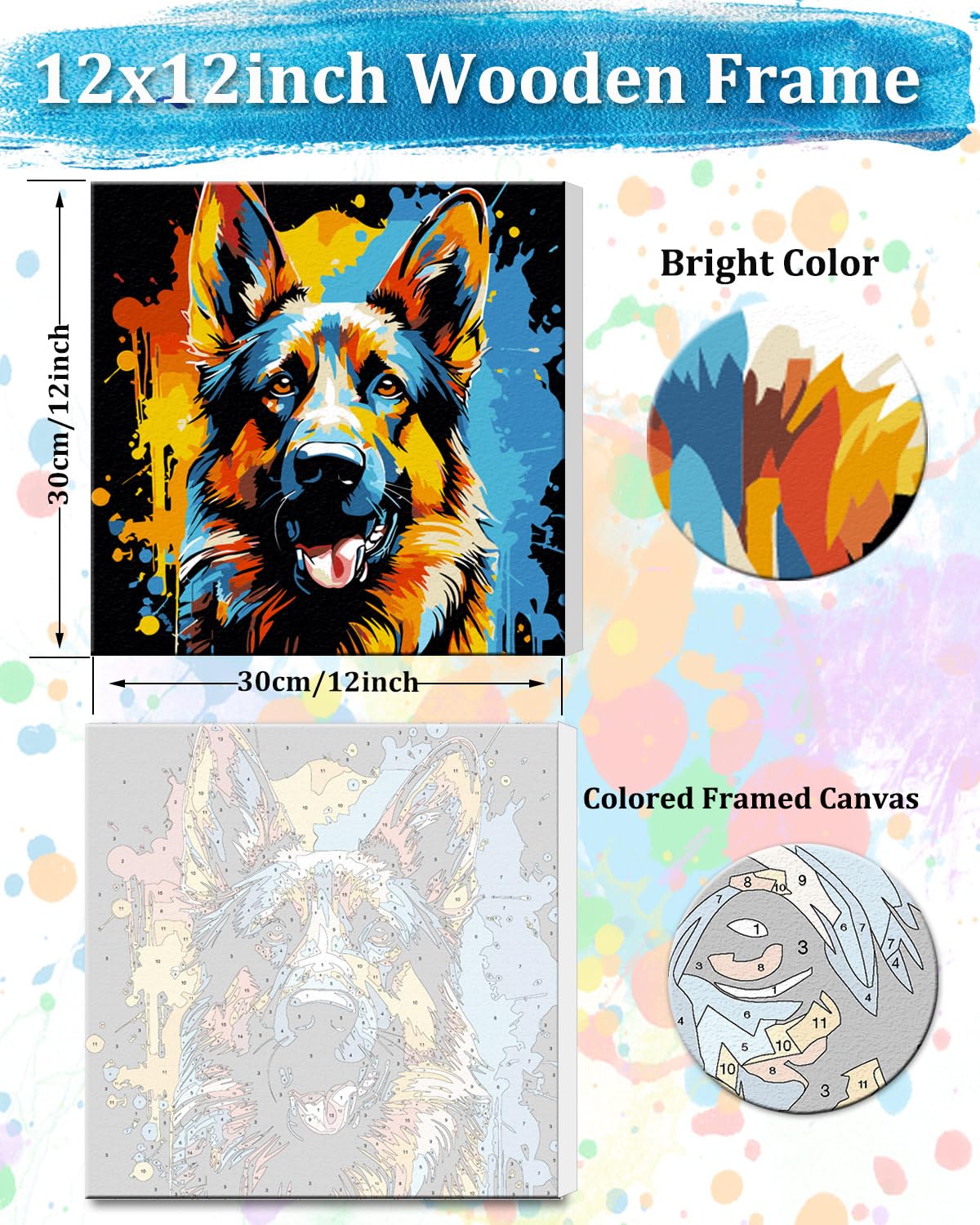 TOCARE Framed Paint by Numbers Kit for Adults Beginners,12x12inch Dog Paint by Number with Frame,German Shepherd Paint by Numbers Framed Canvas Animal (Without Easel) TOCARE