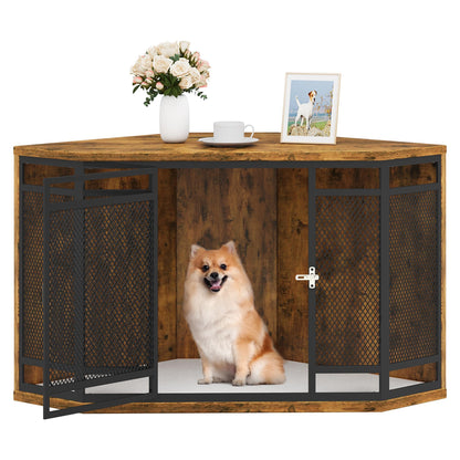 YITAHOME Corner Dog Crate Furniture, 43.7" Wooden Dog Kennel with Dog Cushion, Dog Kennel Corner Wooden End Table for Small Medium Dogs, Brown