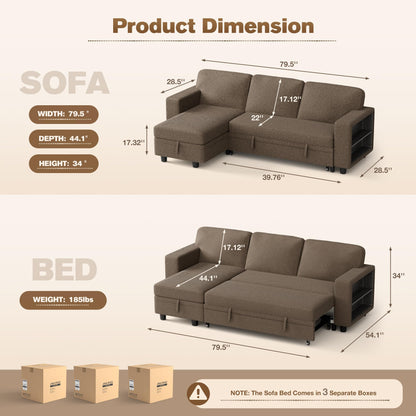 YESHOMY L-Shaped Sofa Bed Convertible Sectional Couch for Living Room with Pull Out Sleeper, Storage Chaise & 2 Built-in Bookcases, Brown