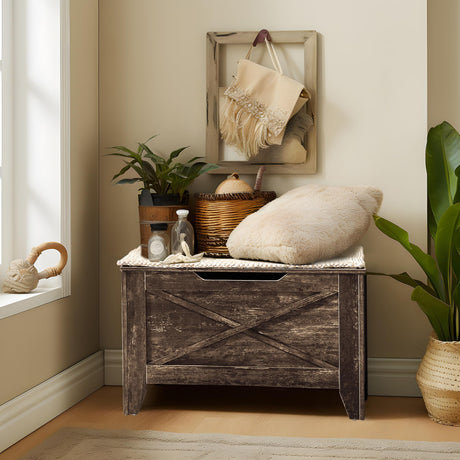 VECELO 30.5" W Farmhouse Storage Bench with Handwoven Wicker-Style Cushion, Entryway Shoe Ottoman with Metal Safety Hinges, Rustic Shoe Bench for Bedroom, Living Room, or Entryway, Brown VECELO