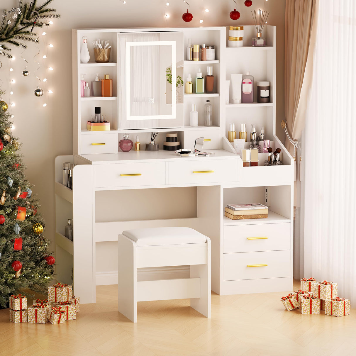 BEWISHOME White Vanity Desk with Mirror and Lights,Large Vanity with 3 Lighting Modes,Drawers,Open Storage,Makeup Vanity Set Makeup Desk Dressing Table,Big Vanity Table with Charging Station FST25W BEWISHOME