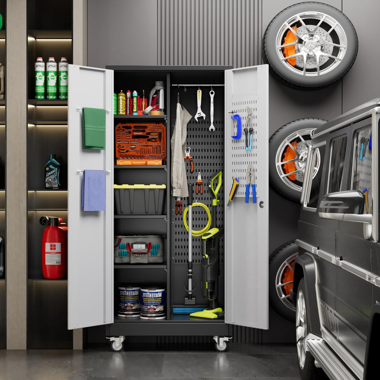 Broom Closet Storage Cabinet with Wheels and Pegboard, Metal Garage Storage Cabinet with Magnetic Doors,Adjustable Shelves for Garage Home Office,Required Assembly,Black and White,71"H×15.75"D×31.5"W Reemoon