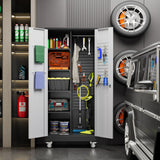 Broom Closet Storage Cabinet with Wheels and Pegboard, Metal Garage Storage Cabinet with Magnetic Doors,Adjustable Shelves for Garage Home Office,Required Assembly,Black and White,71"H×15.75"D×31.5"W Reemoon