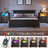 YITAHOME Farmhouse Nightstand with Charging Station & LED Lights, Night Stand Set 2 Living Room End Table, Small Bedside Tables Side Tables Bedroom, Rustic Wood Night Stand, Set of 2, Brown Oak YITAHOME