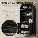 LYNCOHOME 71 Inch Fluted Arched Cabinet with Doors, Tall Storage Cabinet, Oak Wood Finish, Adjustable Shelves, Arched Bookcase for Dining Room,Kitchen（Black） LYNCOHOME