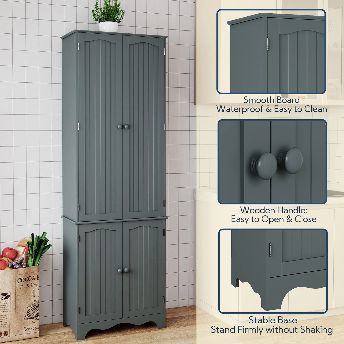 Yusong 72'' Tall Kitchen Pantry Cabinet, Freestanding Storage Cabinet with Doors and Shelves, Wooden Food Pantry Farmhouse Cupboard Buffet for Kitchen Dining Living Room, Gray - WoodArtSupply