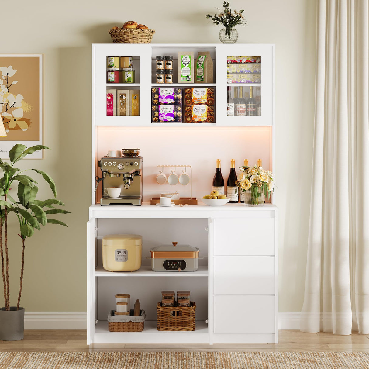 71" Pantry Cabinet with LED Lights & Charging Station, Kitchen Storage Hutch with Adjustable Glass Door Shelves, Microwave Stand, Modern Cabinet for Home, Dining Room, or Compact Kitchen Loumernhant