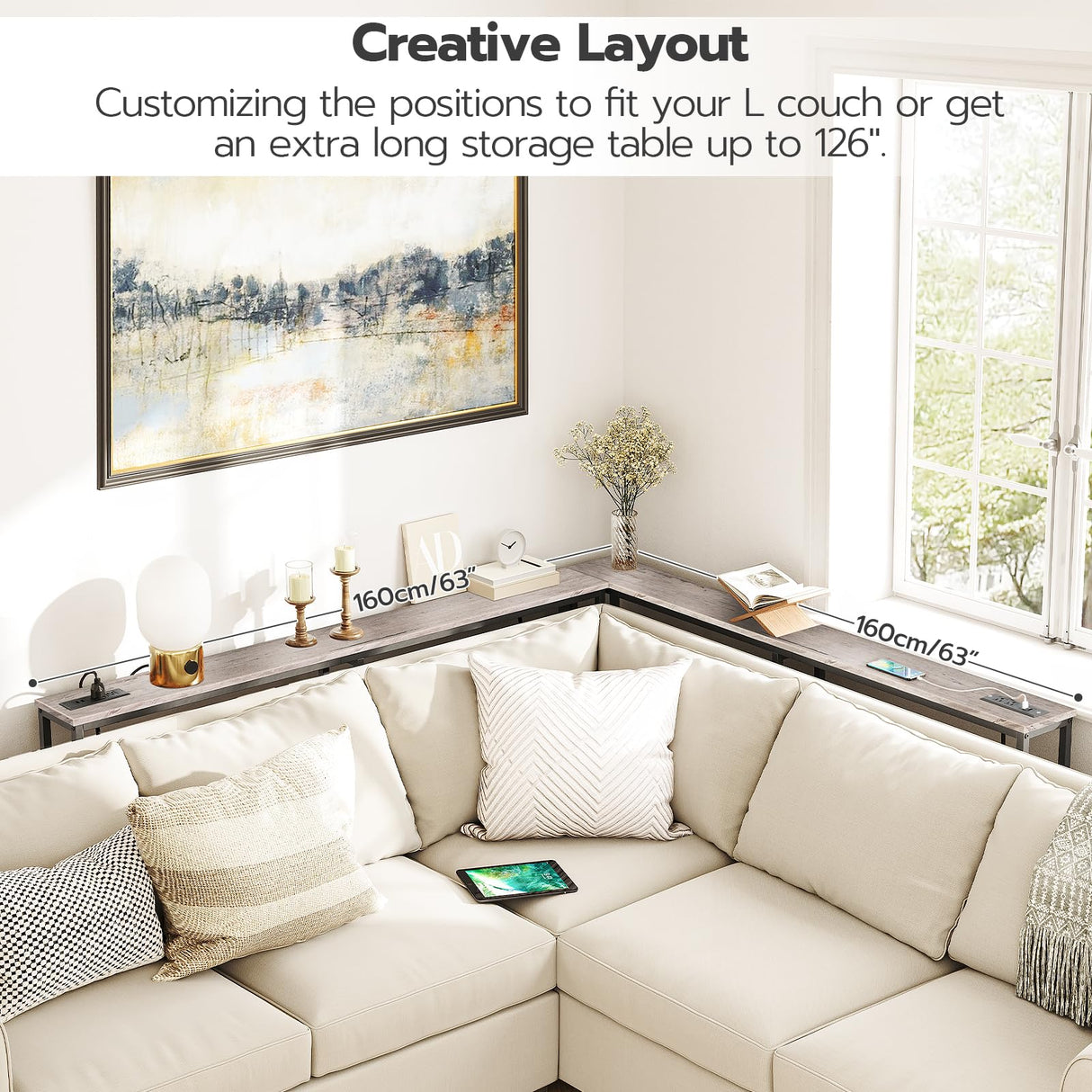 HOOBRO 5.9" Skinny Console Table with Charging Station, 63" Narrow Sofa Table with Power Outlets, Long Behind Couch Table, Slim Entryway Table for Hallway, Living Room, Greige and Black BG165UXG01 HOOBRO