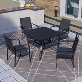 Anmutig 5 Piece Patio Dining Set, 4 PCS Outdoor Black Sling Stackable Chairs and 35" Square Metal Patio Table with Umbrella Hole for Garden Backyard Deck Anmutig