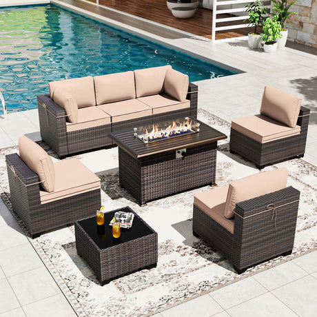 Gotland 8 Pieces Patio Furniture Set with 55000BTU Fire Pit Table, 6 Seater Wicker Patio Set with 29.5'' High Backrest Thick Cushions 1 Coffee Tables for Porch, Deck, Garden Khaki Gotland