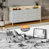 WODRAWER White Dresser for Bedroom with 9 Drawers, Long Dresser TV Stand with LED Lights & Charging Station, Fabric Chests of Drawers for Closet Entryway Living Room WODRAWER