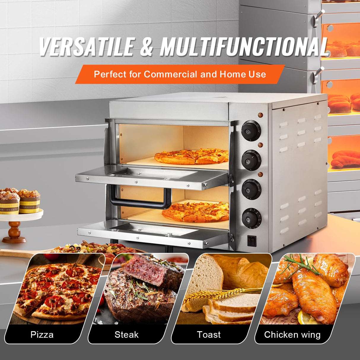 VEVOR Commercial Pizza Oven Countertop, 14" Double Deck Layer, Stainless Steel Electric Pizza Oven with Stone and Handle, Multipurpose Indoor Pizza Maker for Restaurant Home Pretzels Baked VEVOR