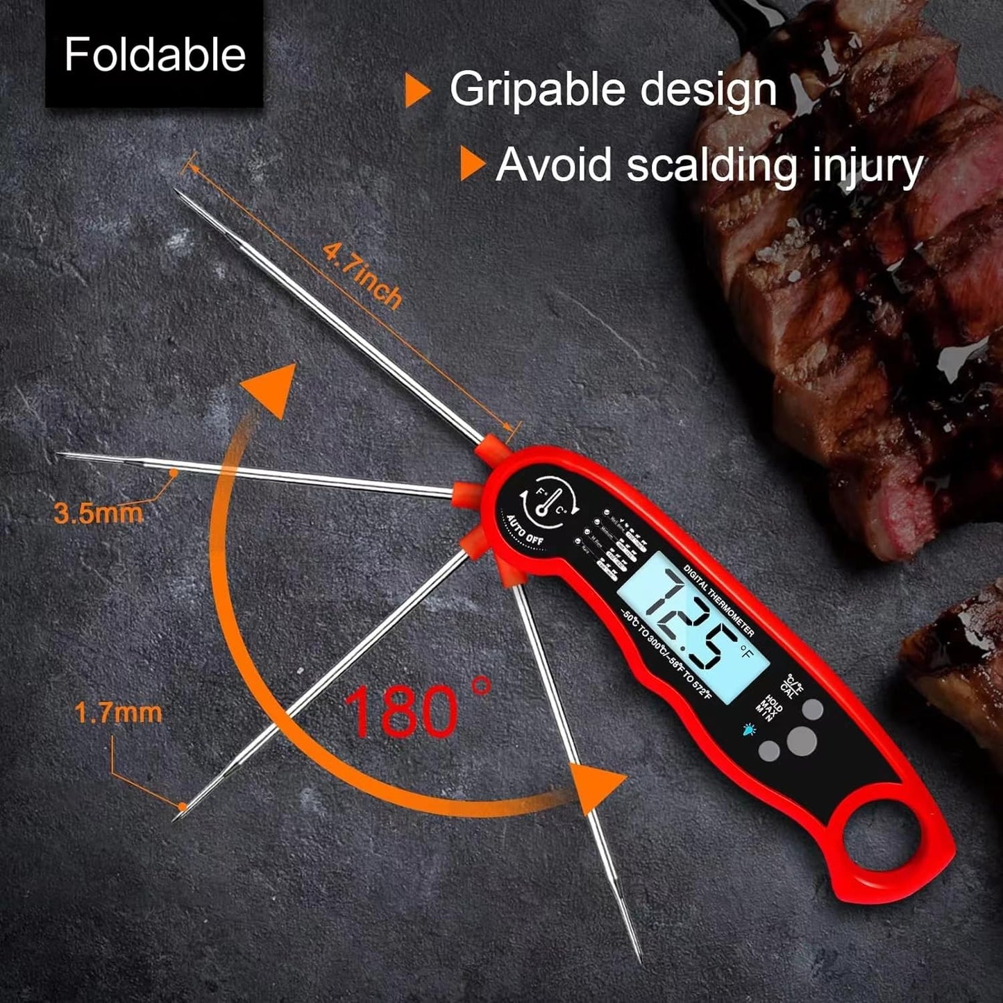 Meat Thermometer Digital for Cooking and Grilling, Collapsible Probe, with Magnet, Calibration, Backlight Waterproof Food Thermometer, Instant Read Thermometer for Kitchen, Meat, Steak, Turkey