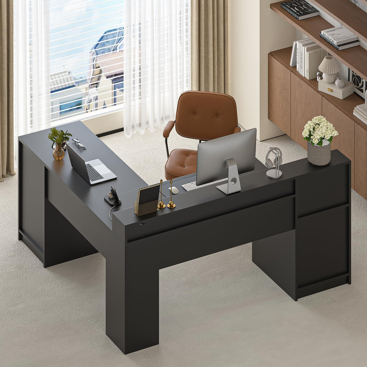 YOMILUVE 63" Farmhouse L Shaped Desk with Drawers & Storage Shelf, Corner Computer Desk with Power Outlets for Home Office, Executive Desk with Monitor Stand, Printer Shelf, Black YOMILUVE