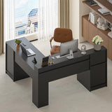 YOMILUVE 63" Farmhouse L Shaped Desk with Drawers & Storage Shelf, Corner Computer Desk with Power Outlets for Home Office, Executive Desk with Monitor Stand, Printer Shelf, Black YOMILUVE