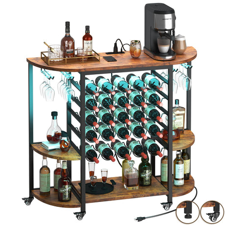 Dripex Wine Bar Table Cabinet with Power Outlet, LED Home Mini Bar Coffee Cabinet for Liquor, Metal Wine Bar Stand with 5-Tier Bottle Storage Shelves, Wine Racks with Glass Holders Dripex