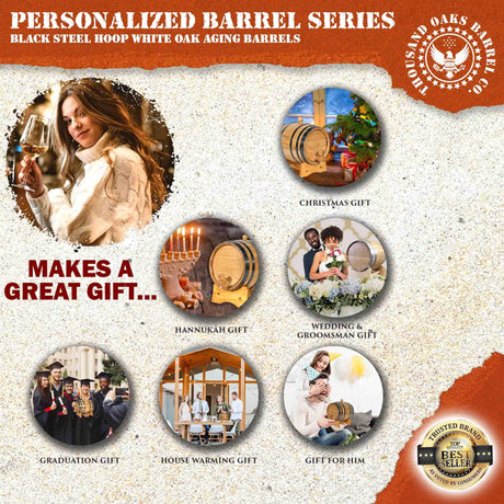 Personalized 10 Liter Oak Wine Barrel (2.5 gallon) with Stand, Bung, and Spigot | Small Wine Barrels for Home Aging | Engraved Custom Wine Barrel THOUSAND OAKS BARREL